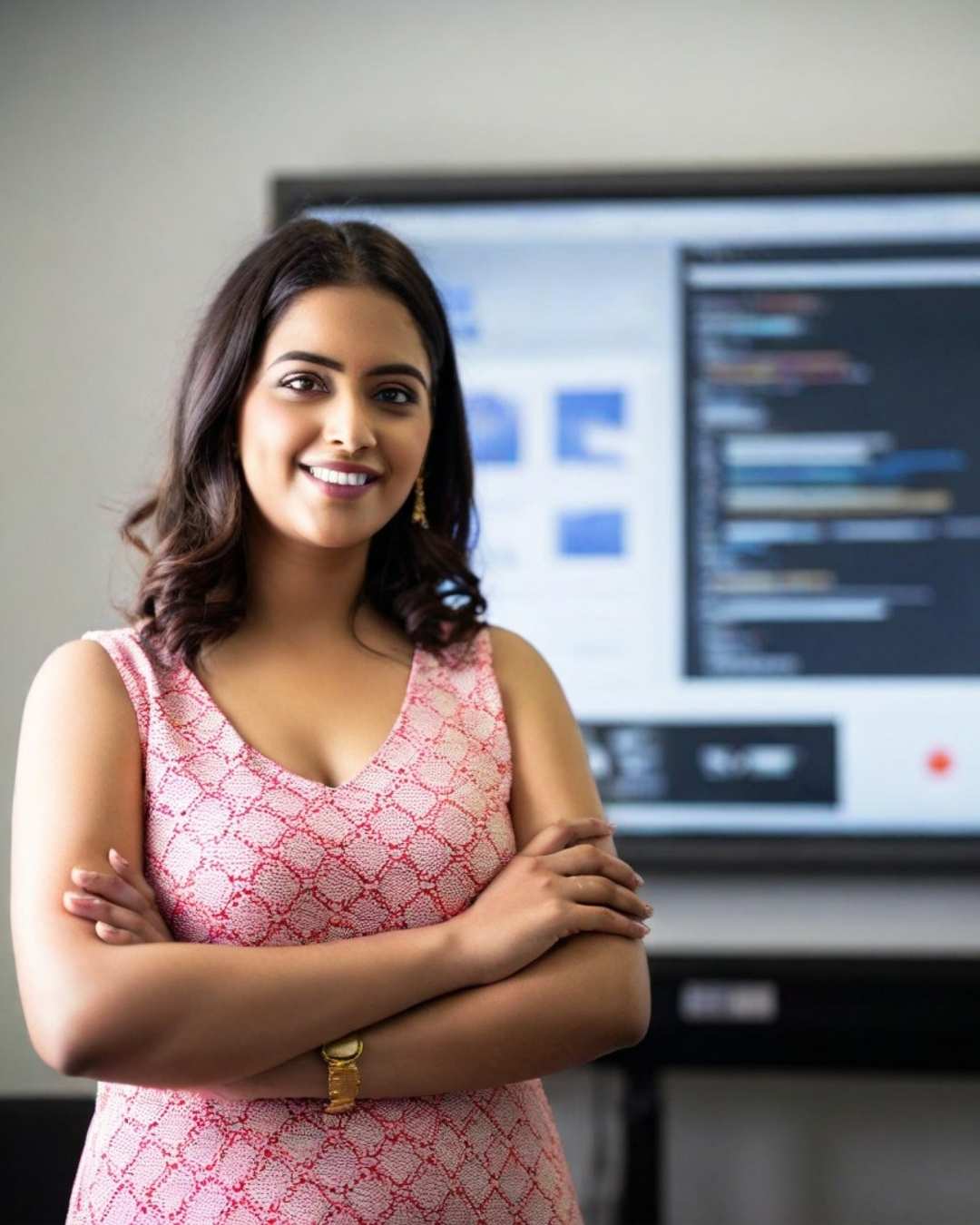 Smiling woman standing confidently in front of a screen showing Facebook Ads campaign data